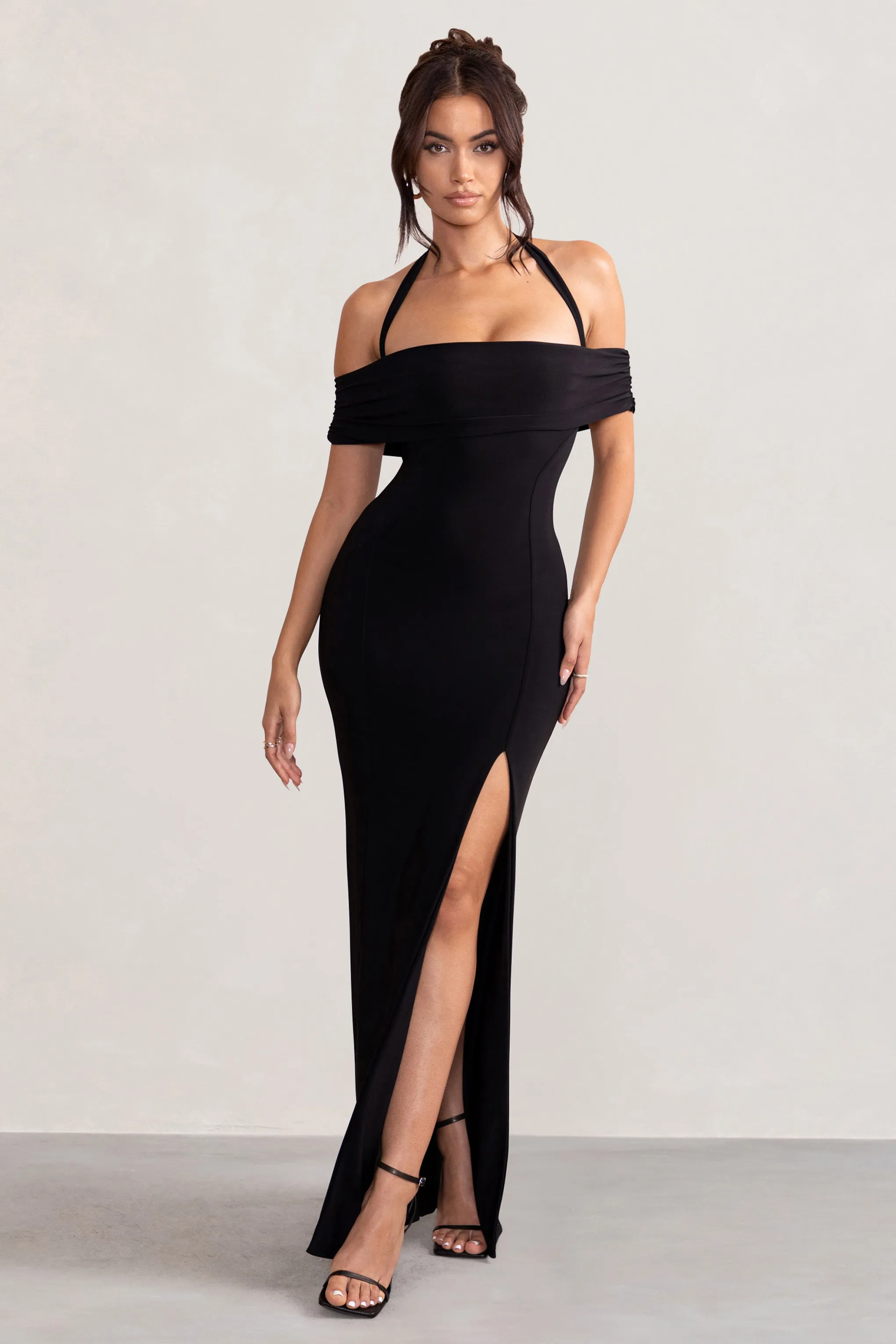 Anisa | Robe longue bardot noire dos nu avec fente aux cuisses