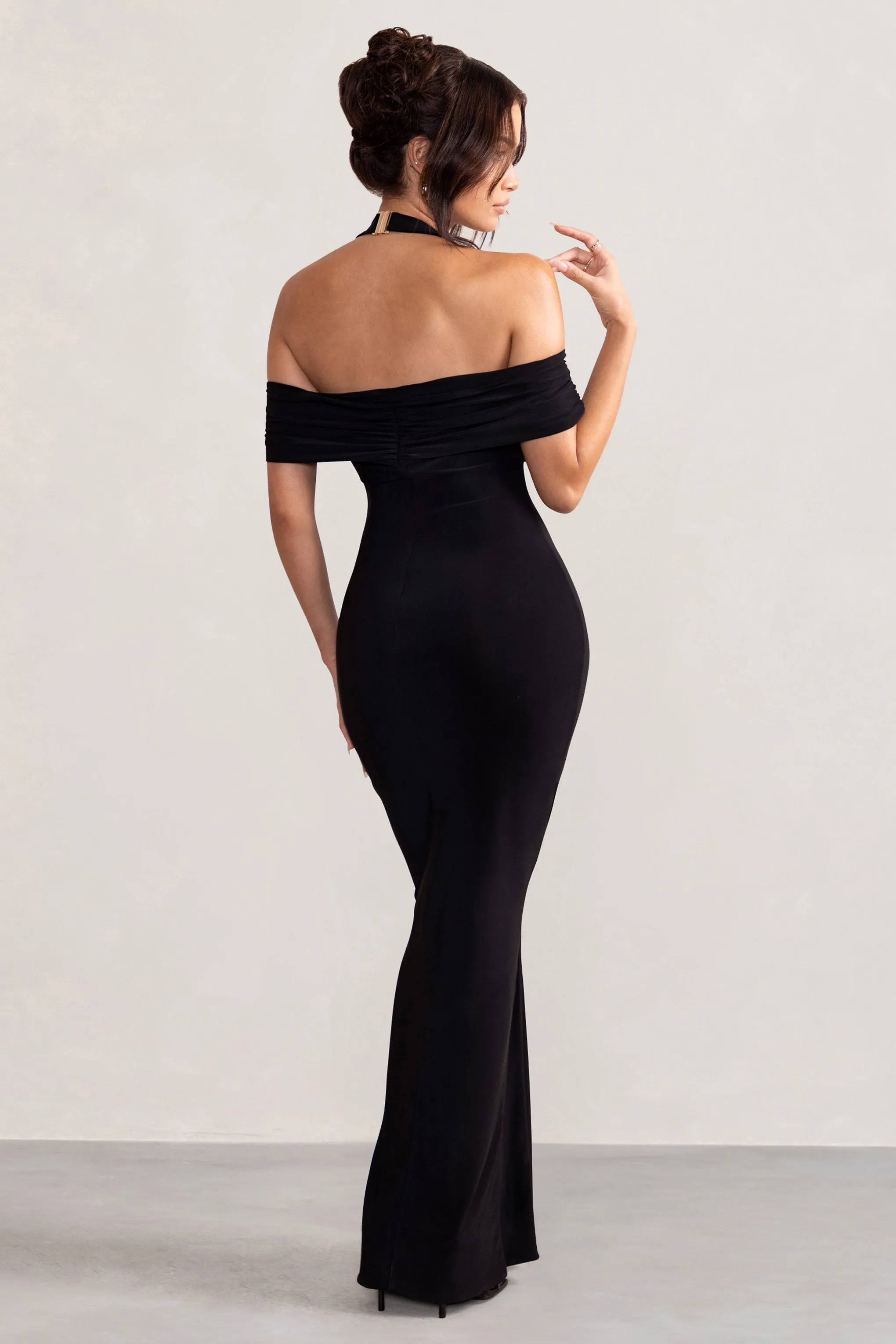 Anisa | Robe longue bardot noire dos nu avec fente aux cuisses