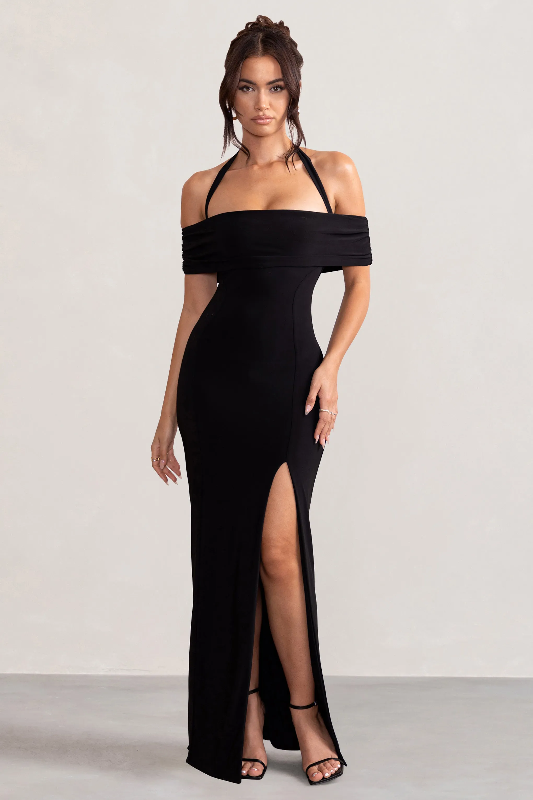 Anisa | Robe longue bardot noire dos nu avec fente aux cuisses