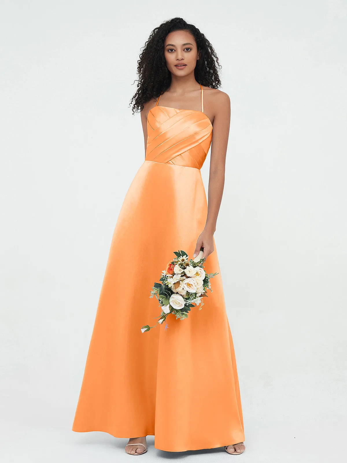 Bretelles Spaghetti Corsage Plissé Robes en Satin Orange Grande Taille