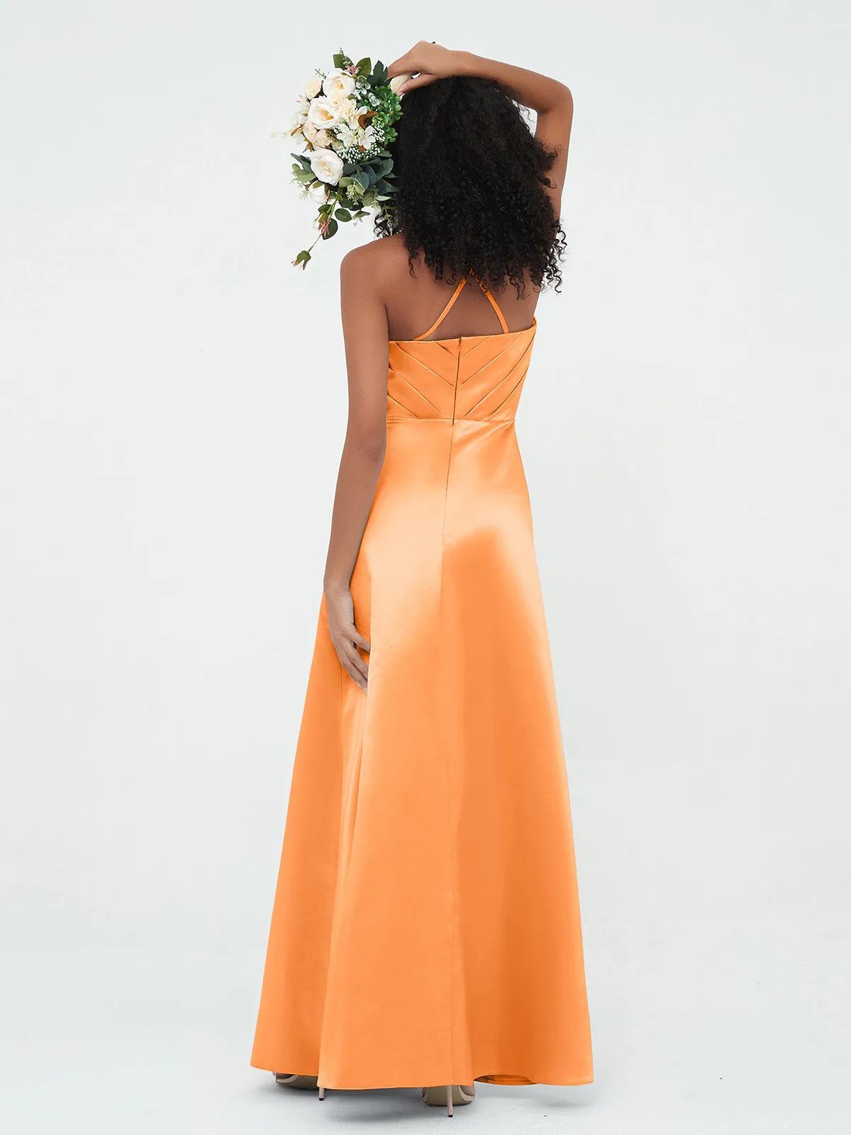 Bretelles Spaghetti Corsage Plissé Robes en Satin Orange Grande Taille