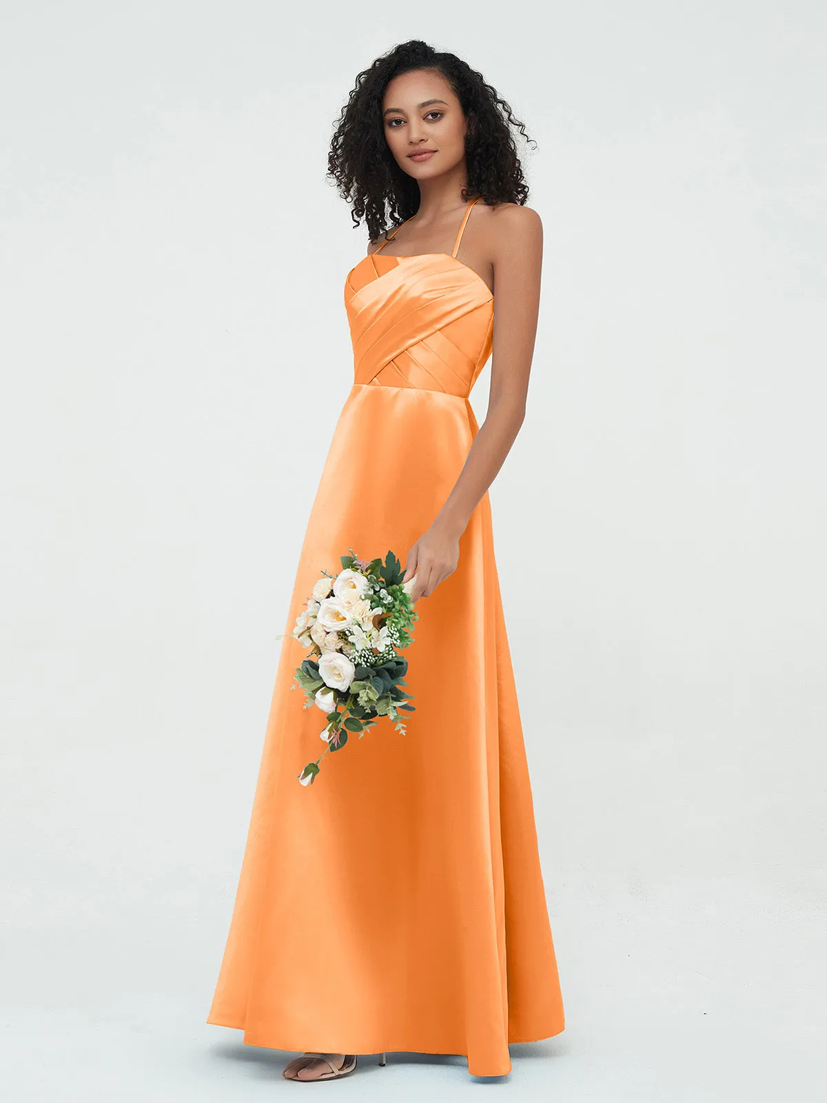 Bretelles Spaghetti Corsage Plissé Robes en Satin Orange Grande Taille