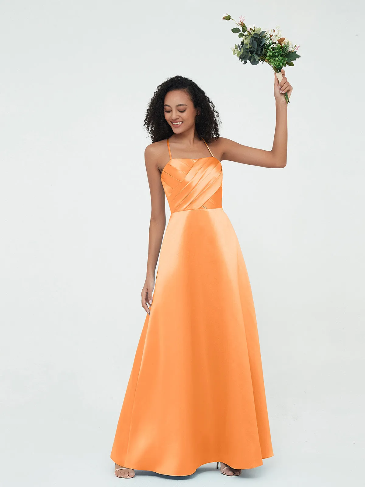 Bretelles Spaghetti Corsage Plissé Robes en Satin Orange Grande Taille