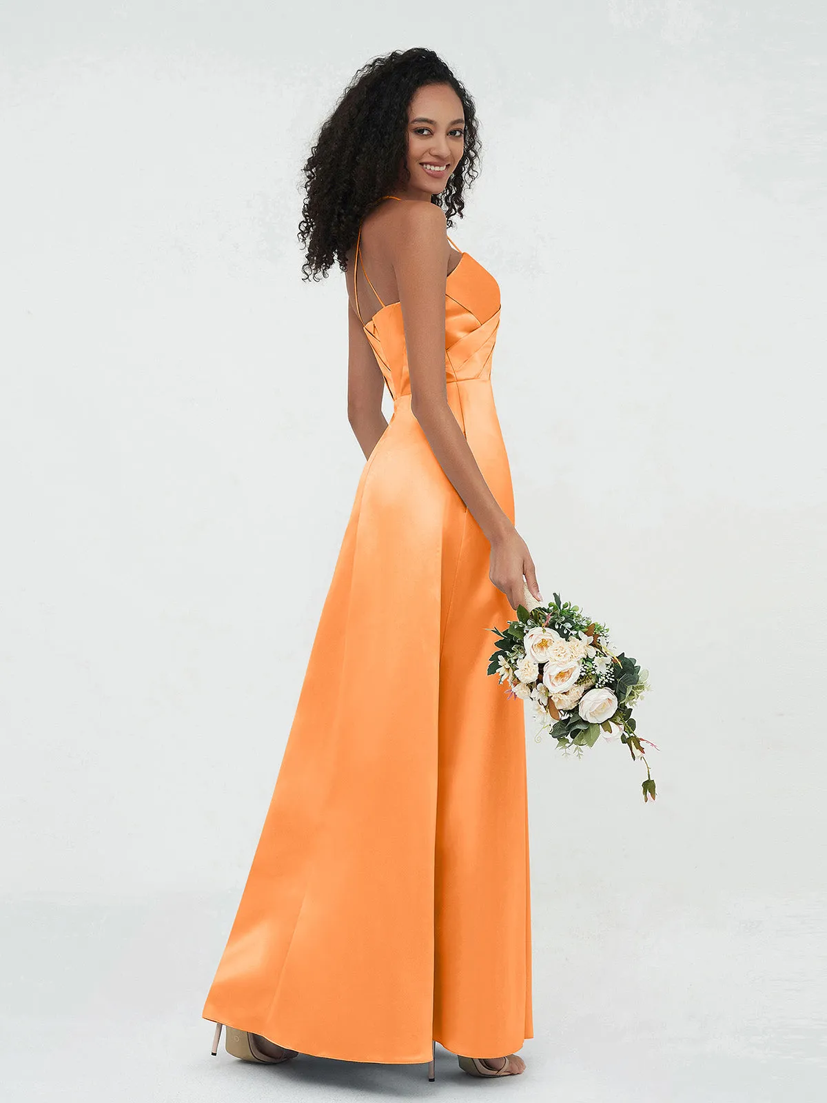 Bretelles Spaghetti Corsage Plissé Robes en Satin Orange Grande Taille