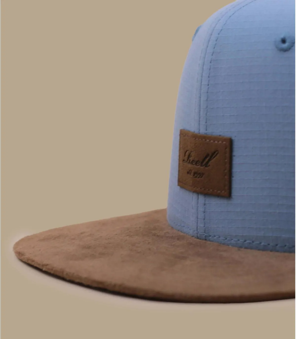 Casquette snapback bleu visière suedine marron - Casquette Suede fog blue mini ripstop Reell : Headict