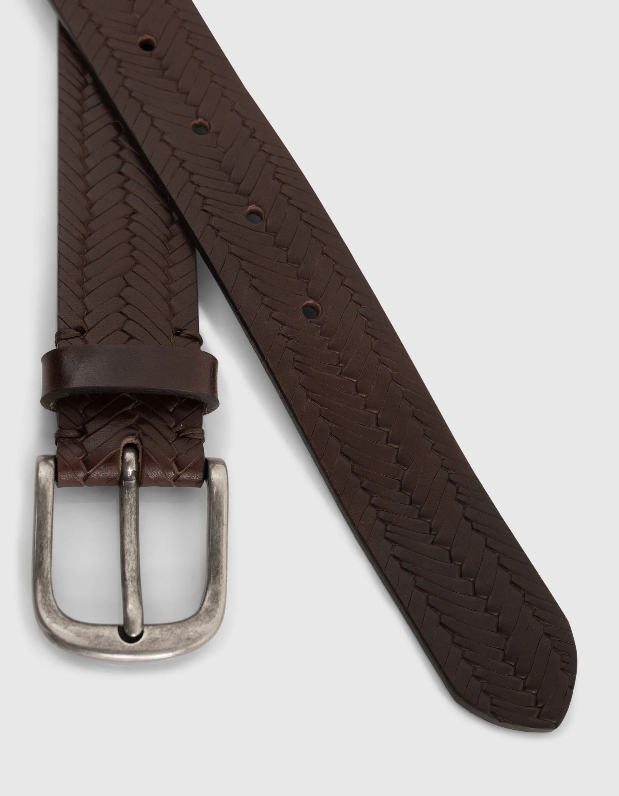 Ceinture marron foncé en cuir embossé tressage Homme