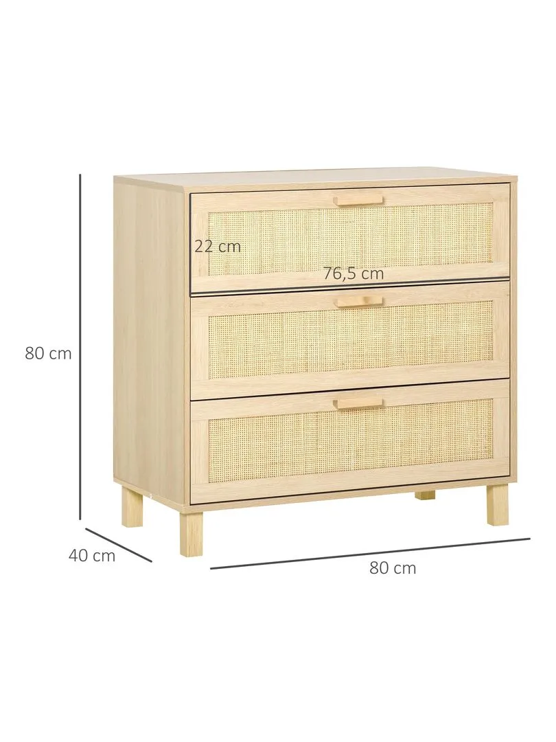 Commode 3 tiroirs cannage en rotin MDF aspect bois clair - Beige