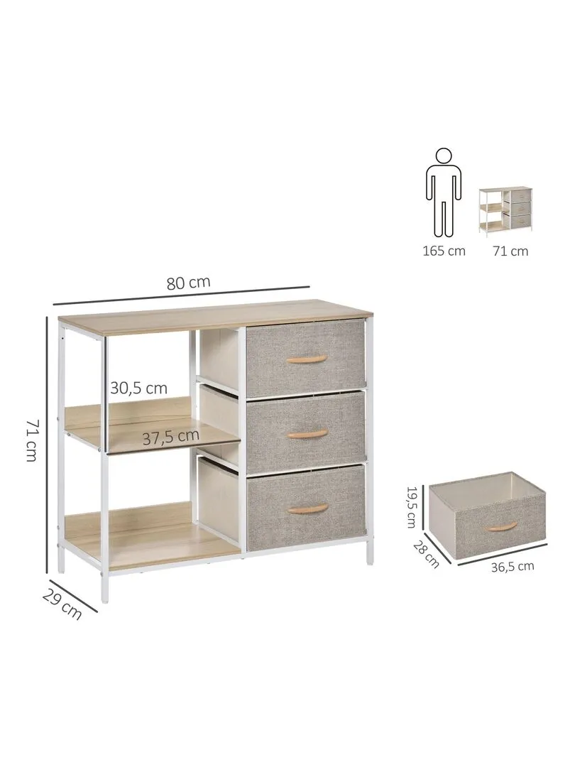 Commode design - 3 tiroirs, 2 étagères - métal MDF non tissé - Beige