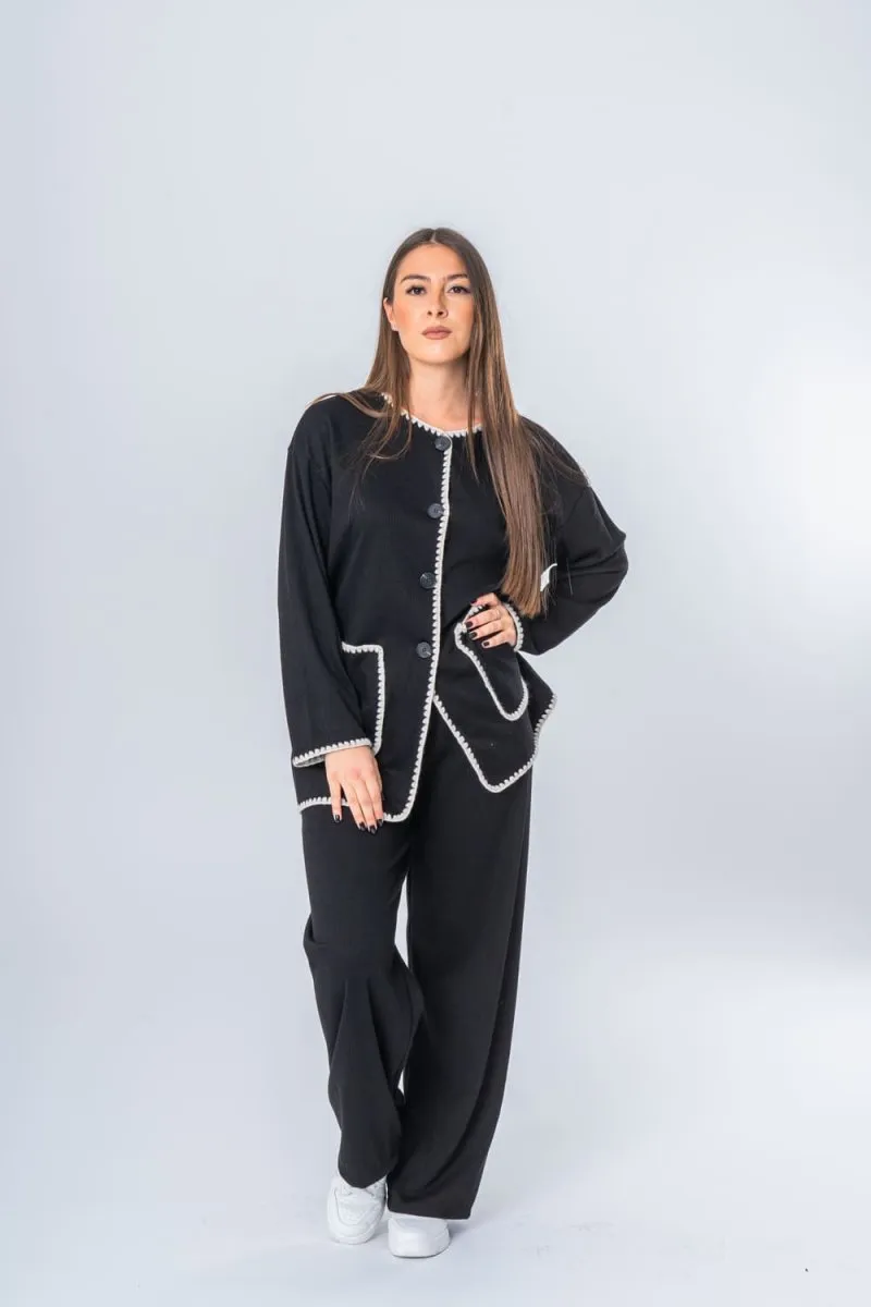 Ensemble gilet long et pantalon bords brodés noir