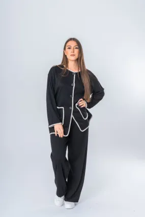 Ensemble gilet long et pantalon bords brodés noir