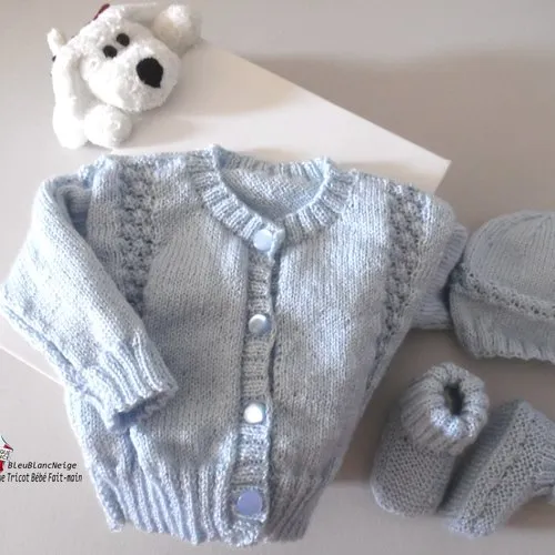 Ensemble naissance gilet, bonnet, chaussons, bleu azur, mixte, tricot bebe, layette, bb modèle sur commande