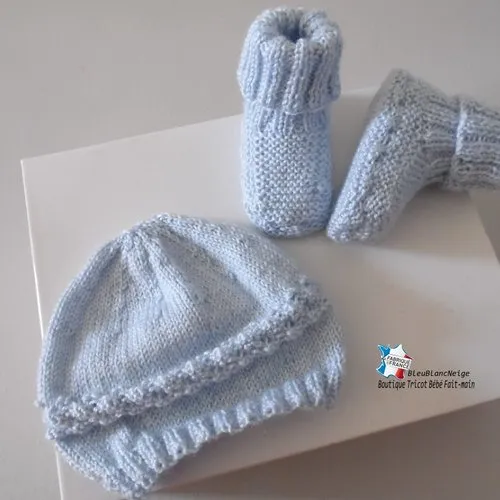 Ensemble naissance gilet, bonnet, chaussons, bleu azur, mixte, tricot bebe, layette, bb modèle sur commande