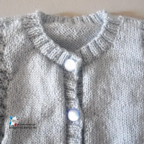 Ensemble naissance gilet, bonnet, chaussons, bleu azur, mixte, tricot bebe, layette, bb modèle sur commande