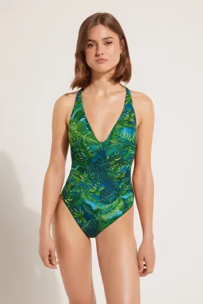 Maillot de Bain Une Pièce Légèrement Rembourré avec Fronces Emerald Jungle - Tezenis