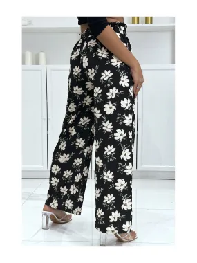 Pantalon palazzo noir avec motif fleuris