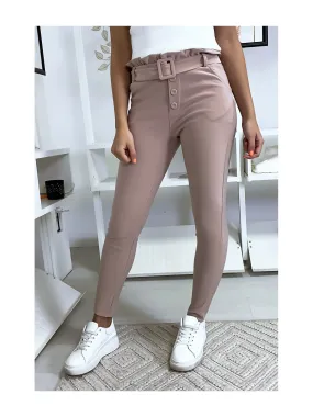 Pantalon slim taille haute en rose avec poche boutons et ceinture