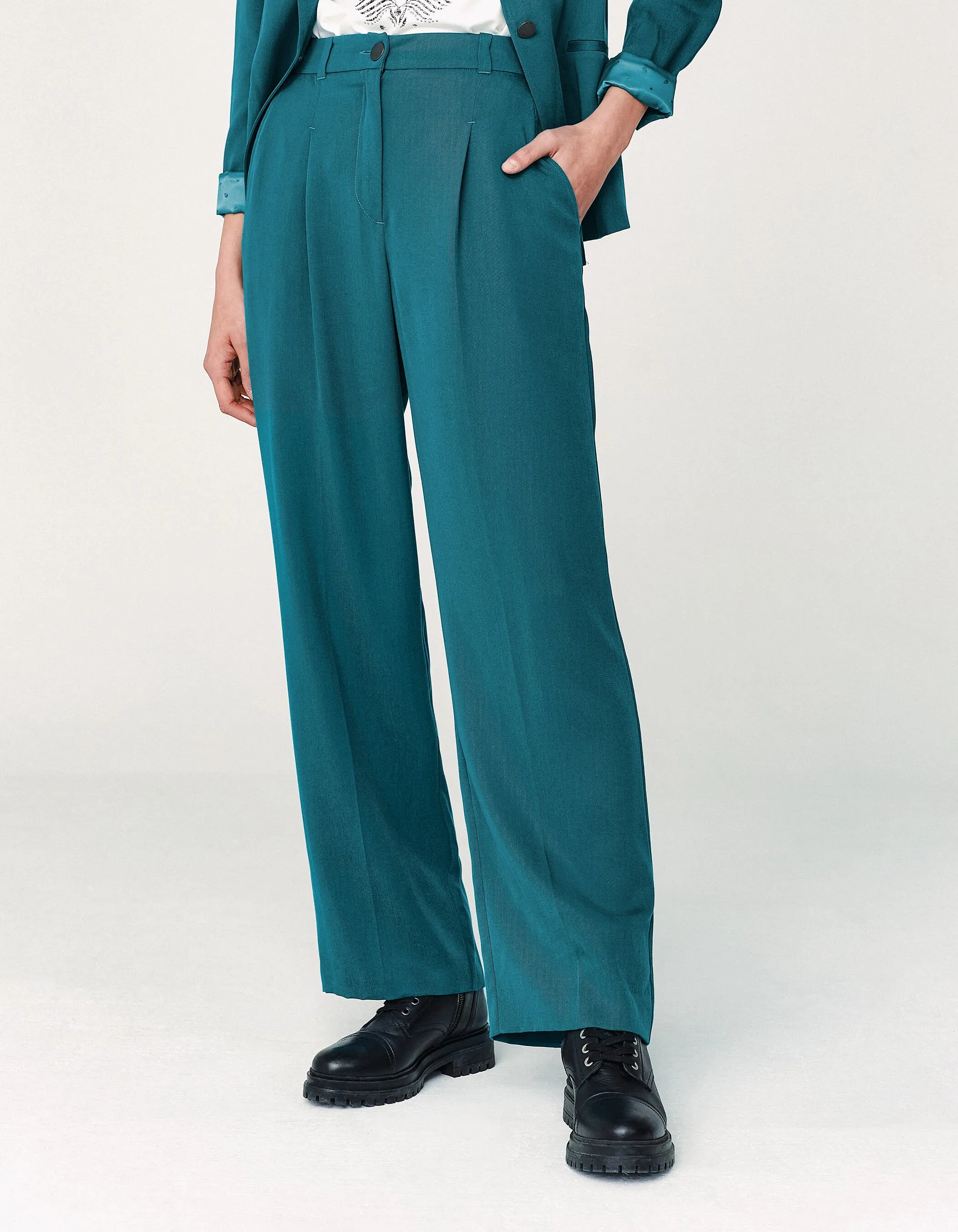 Pantalon tailleur fluide en tencel émeraude ceinture femme