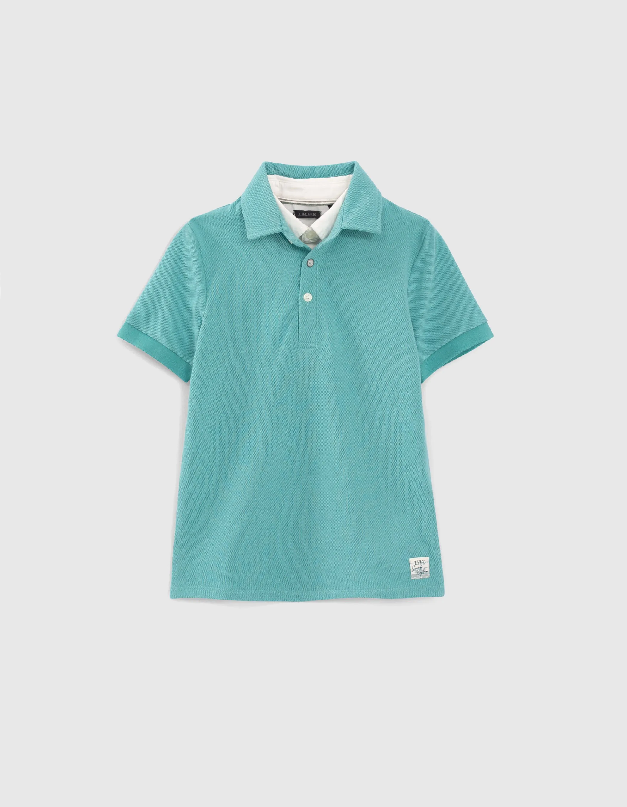 Polo turquoise col chemise trompe-l'oeil garçon