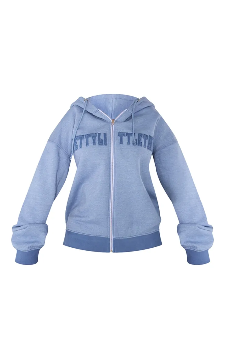 PRETTYLITTLETHING Shape Hoodie bleu pétrole délavé zippé à détail brodé