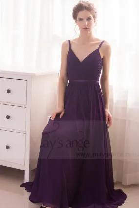 robe de soiree long violet ceinture fine satin