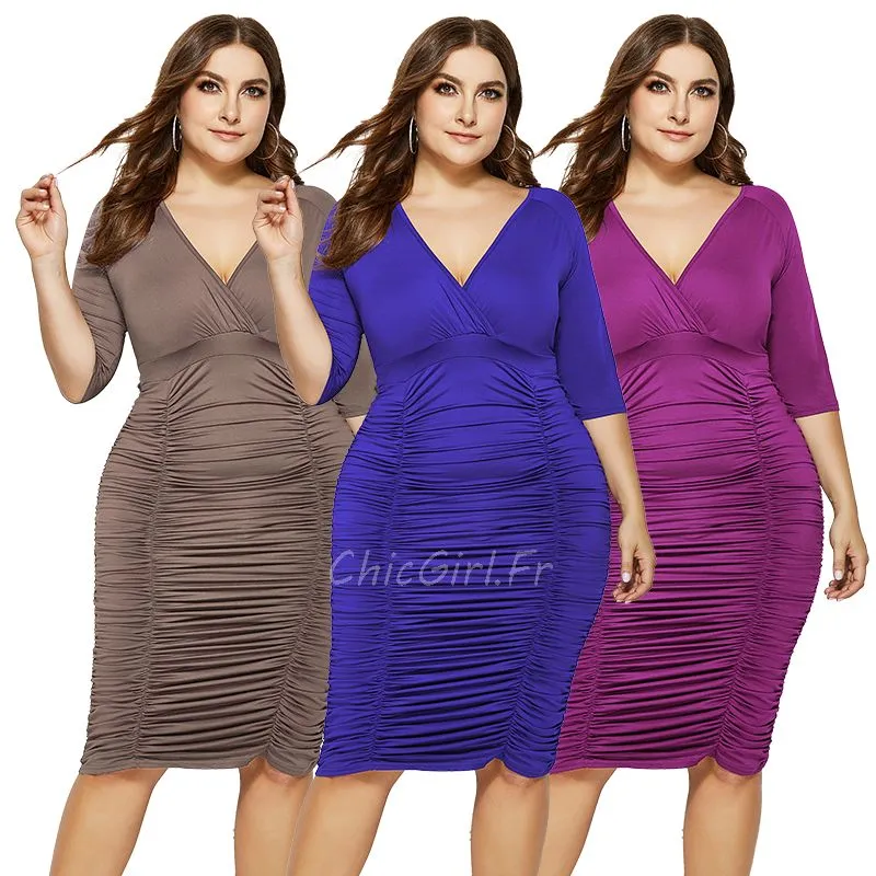 Robe Fourreau Grande Taille Courte Rose Fushia Plissée Col V Manche