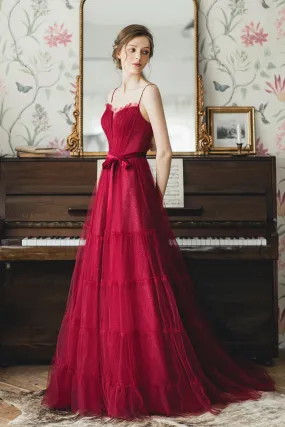 Robe pour mariage rubis à bretelle Spaghetti avec ceinture en velours