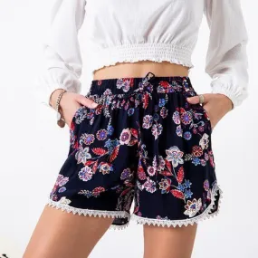 Short bleu marine femme à fleurs rouges - Vêtements