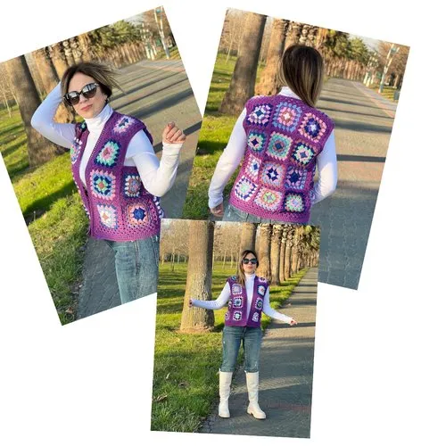 Sur commande.chic gilet sans manches,multicolore style boho, crochet fait main ,fil acrylique / coton