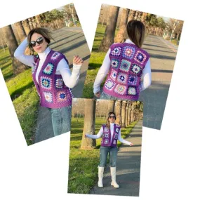 Sur commande.chic gilet sans manches,multicolore style boho, crochet fait main ,fil acrylique / coton